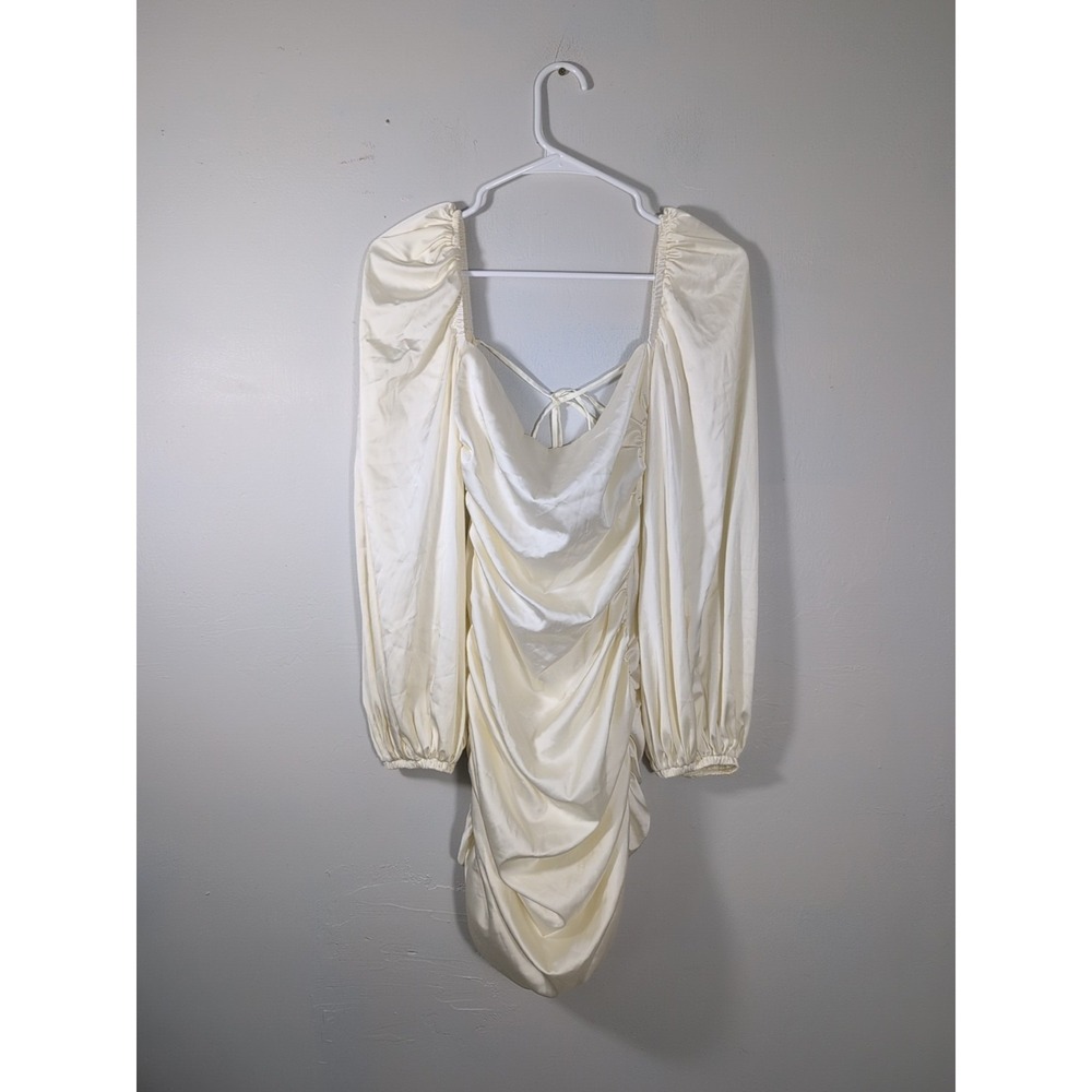 Oh Polly Cream Satin like Ruched Bodycon Mini Dress Puff Long Sleeve Zip  Size 6